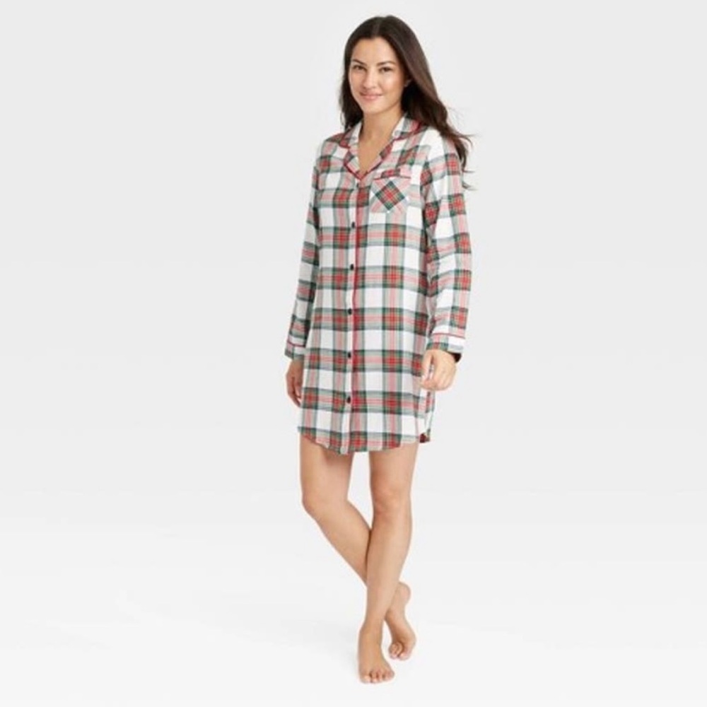 Wodershop Holiday Tartan Plaid Flannel Long Sleeve Pajama Sleep Shirt Large NWT